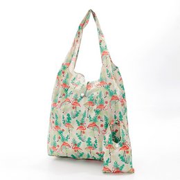 Beige shopper bag with a flamingo and floral print, made from recycled nylon material.
