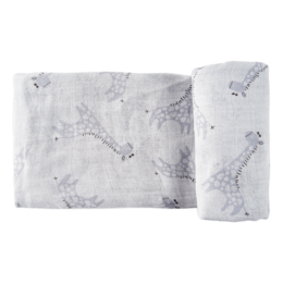 Soft, absorbent swaddle blanket with a blue giraffe print pattern. Made of hydrophilic material for gentle skin contact.