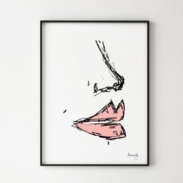 Minimalist line art print featuring a woman's lips in shades of pink. Suitable for home decor or wall art.