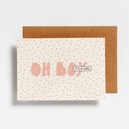 Cream-colored postcard with pink text "OH BOY, IT'S A GIRL" and polka dot pattern.