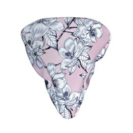 Floral-patterned saddle pad in shades of gray and pink. Features a contoured shape for comfort and support during fitness activities.