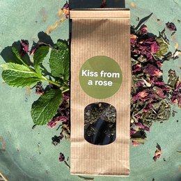 "Aromatic tea with a delicate rose flavor, available in 10, 20, or 50 count packages."