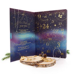  Advent calendar with 24 jewel-like compartments, featuring a wooden base and a starry night sky design.