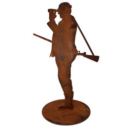Rusty metal decorative figure depicting a man holding a tool, suitable for garden or outdoor display.