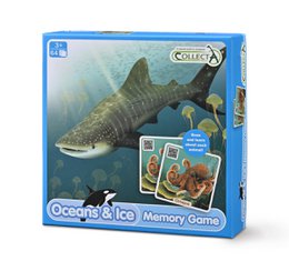 Memory game with ocean-themed cards and a large shark figure. Includes 24 matching cards featuring various marine animals and environments.