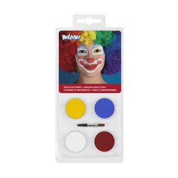  Water-based face paint palette clown makeup set with yellow, blue, white, red colors and brush applicator.