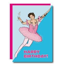 A pink and blue birthday card featuring a dancing woman in a pink tutu. The text on the card reads "HARRY BIRTHDAY!"