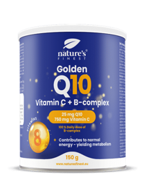 Golden Q10 supplement containing vitamin C and B-complex to support energy, immunity, and overall health.