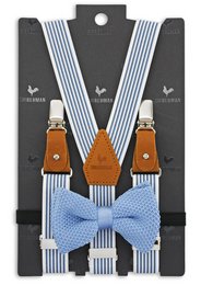 "Striped suspenders with a blue bow tie for a stylish kids' look. Includes leather accents for a premium feel."