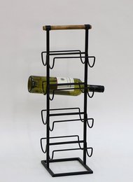 A black metal and wood wine rack with 3 tiers to hold multiple wine bottles.