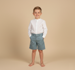  White button-down shirt, gray shorts, casual children's outfit