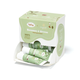Box of 12 gourmet Mate lip balms in a green, natural-inspired packaging. Contains moisturizing ingredients like Mate extract and vitamin E. Ideal for nourishing and protecting lips.