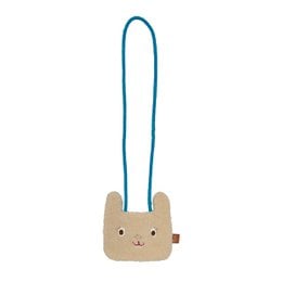 Cute rabbit-shaped shoulder bag, beige canvas with embroidered face, teal strap, small crossbody style