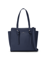  A navy blue leather tote bag with two top handles and a zipper closure. The bag has a simple, minimalist design with a structured shape.