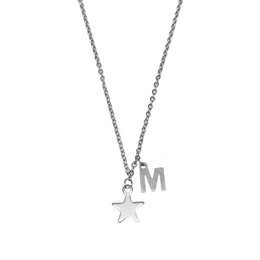 Silver-colored necklace with a star pendant and the letter 'M' charm. The necklace is made of a sturdy chain and the charms are made of shiny metal, likely silver or stainless steel. The design is simple and elegant, suitable for everyday wear.