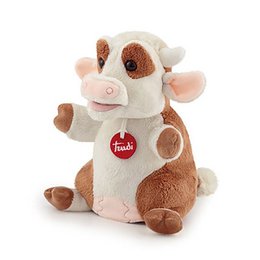  A plush toy in the shape of a cow, with a soft, cuddly appearance. The cow has a brown and white fur pattern, with a red heart-shaped tag on its chest.