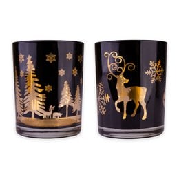 Black glass lantern with gold winter trees, reindeer, snowflakes, and festive holiday designs for tea lights.