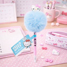 Hello Kitty pen with light blue fluffy pom pom top, rainbow design, cute character pen