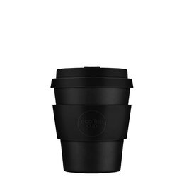 A black, reusable travel cup made of durable material, with a capacity of 240ml or 8oz. The cup features a secure lid and is suitable for hot and cold beverages.