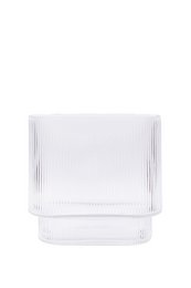 Clear oval glass vase with vertical ribbed texture.