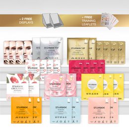  "Skincare starter pack with multiple face treatment products, serums, masks, and essentials in various colors and packaging."