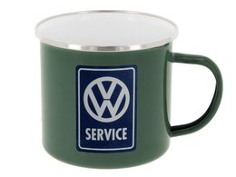 A classic green enamel mug featuring the iconic Volkswagen VW Service logo in white. The mug has a capacity of 500ml and comes in a gift box, making it a great gift for Volkswagen enthusiasts.