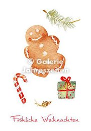  Gingerbread man Christmas card with festive decorations, candy cane, gift, pine branch, cheerful holiday greeting