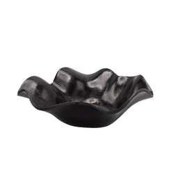  Black antique-style bowl with leaf-shaped design, suitable for displaying fruit or decorative items.