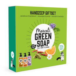 This hand soap gift box contains 3 x 250ml bottles of Marcel's Green Soap, a natural and eco-friendly hand soap made with plant-based ingredients.