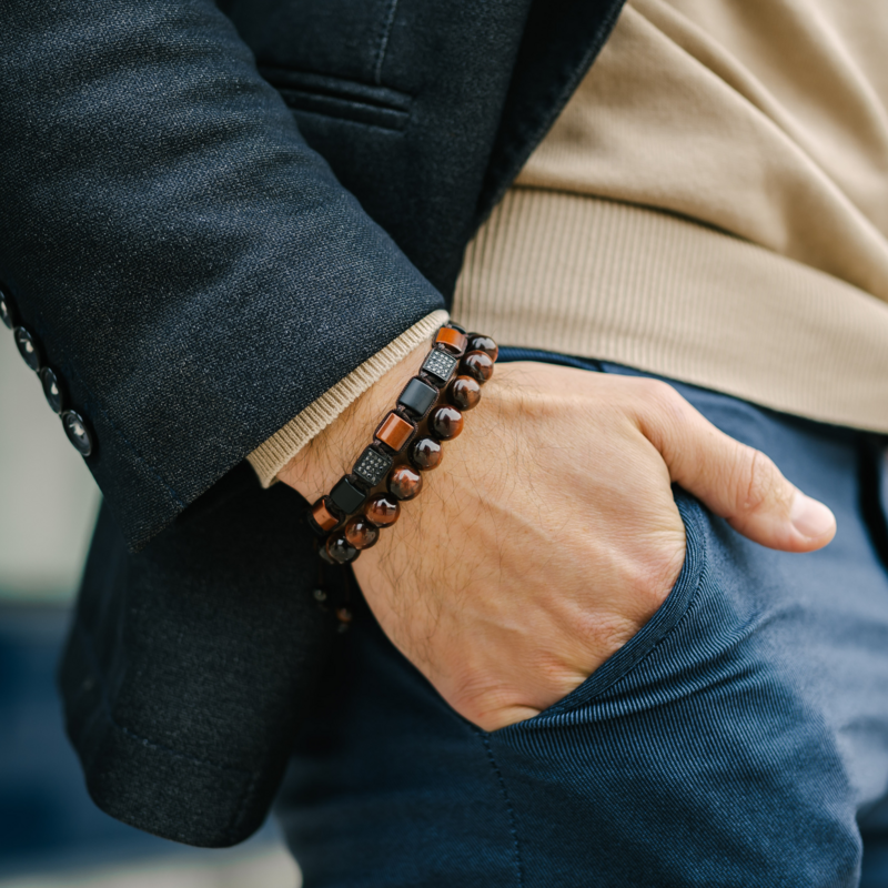 Men's RED TIGER EYE, BLACK ONYX Flat bead Bracelet