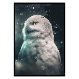 Poster featuring a close-up of a snowy owl against a dark, starry background. The owl has large, piercing eyes and its feathers appear soft and fluffy. This wall art would make a beautiful addition to any nature or wildlife-themed decor.
