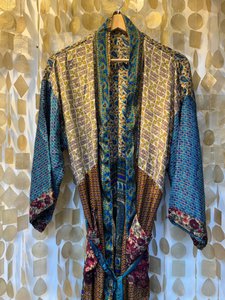 Zijden patchwork kimono badjas – rood blauw
