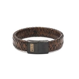 A braided leather bracelet in brown and black colors, featuring a metal clasp closure. The bracelet has a woven texture and is suitable for men's fashion.