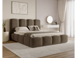  Brown velours upholstered bed 180x200 cm, large headboard, storage compartments, luxe two-person bedframe