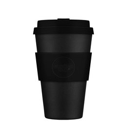 Black reusable travel cup made of durable material, with a silicone lid and grip for easy handling.