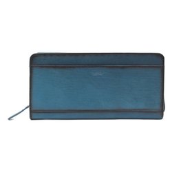  Blue gray leather wallet, rectangular shape, zippered closure, compact size