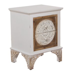 HOUTEN NACHTTAFEL MET 2 LADES GESNEDEN NATUURLIJK/WIT 47X38X63CM, SPAR+DM LL36408