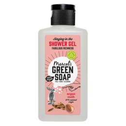 Shower gel with argan and oudh oils, 100ml bottle, natural green soap formula.
