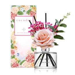 A rose-scented reed diffuser in a glass bottle with a pink rose and floral packaging.
