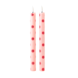 Set of 2 LED candles with a sunny, smiling design and red accents. Compact and decorative for any space.