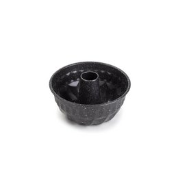  A round, black turban mold made of cast iron, suitable for baking cakes.