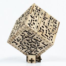Wooden puzzle with intricate geometric patterns and shapes, including hexagons and rectangles, in a natural wood tone.