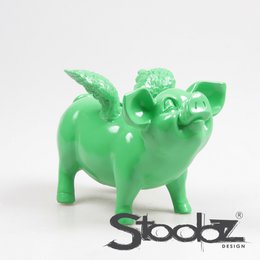 Lime green piggy bank with wings, designed by Stoobz. Whimsical and playful design, suitable for saving money or as a decorative piece.
