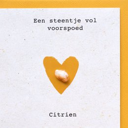 Citrine gemstone card with inspirational text. Citrine is a yellow quartz crystal that symbolizes energy, joy, and success. The card features a heart-shaped citrine stone and text that conveys a positive, uplifting message.