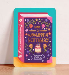 Colorful birthday card with roller skates, flowers, and a festive message. The card features a vibrant, floral design with pink roller skates, flowers, and a cheerful "Wishing you a fantastic year!" message.