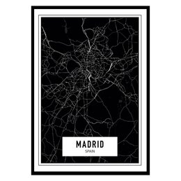 A black and white map poster of Madrid, Spain. The poster features a minimalist design with the city's street network displayed in a high-contrast style.