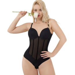 Black lace bodysuit shapewear with adjustable straps and shaping panels for a flattering fit.