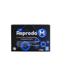 "Reprodo M daily food supplement for men, black and blue packaging with white text and circular design elements"