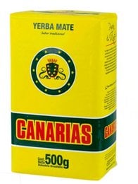 Yerba mate tea in a 500g package. The tea is packaged in a bright yellow box with the Canarias brand name and logo prominently displayed.