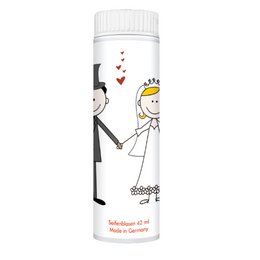 A small pack of wedding-themed soap bubbles, featuring a cartoon illustration of a bride and groom. The product is suitable for educational or entertainment purposes.